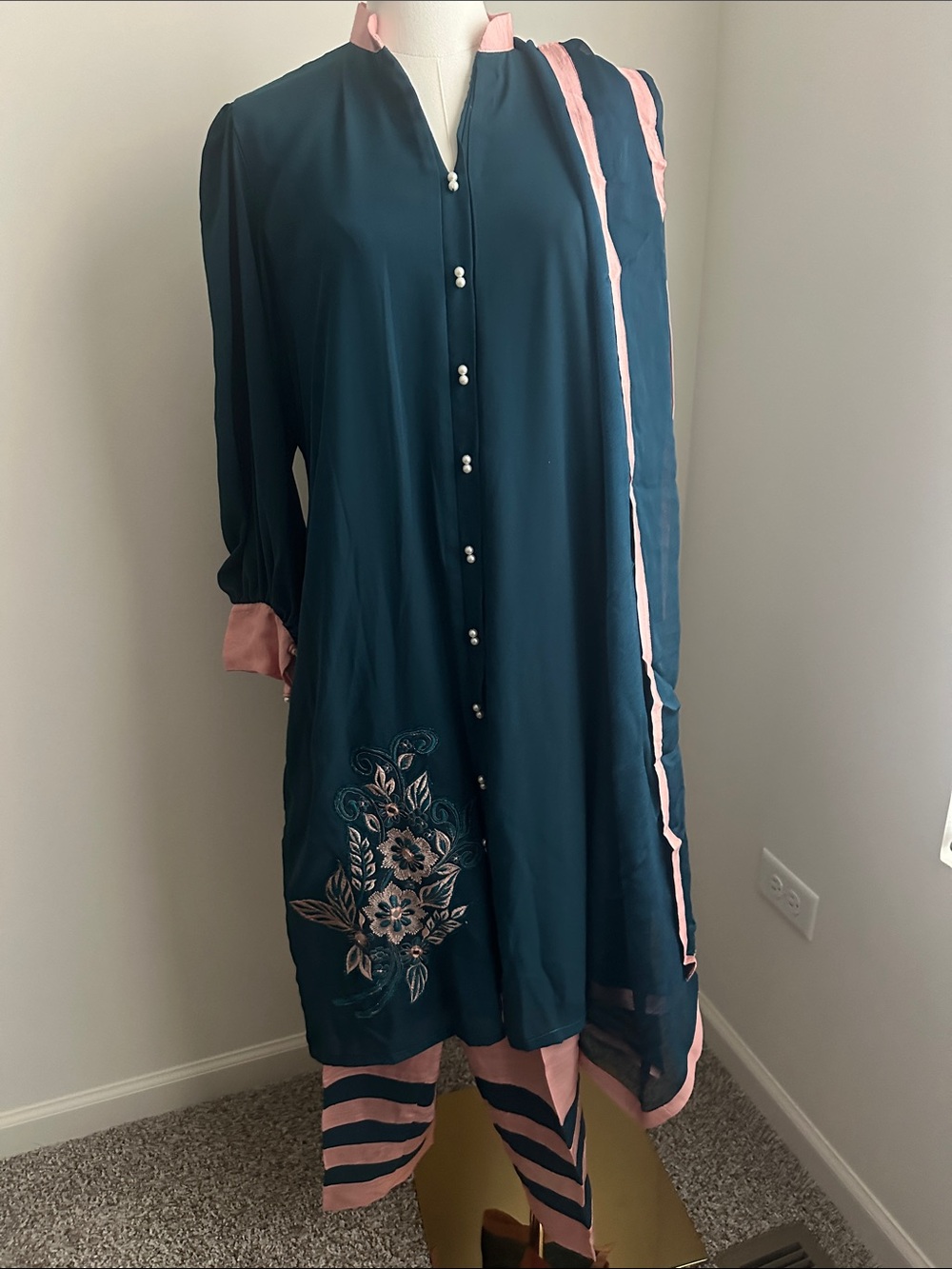 Teal and Pink Embroidered Shalwar Kameez